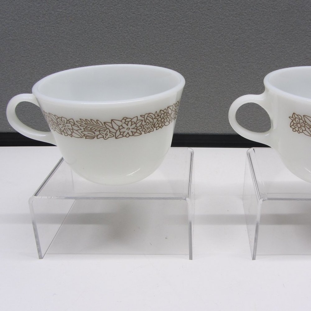 2 Pyrex Woodland Brown Milk Glass Coffee Tea Cups Mugs Corning Ware